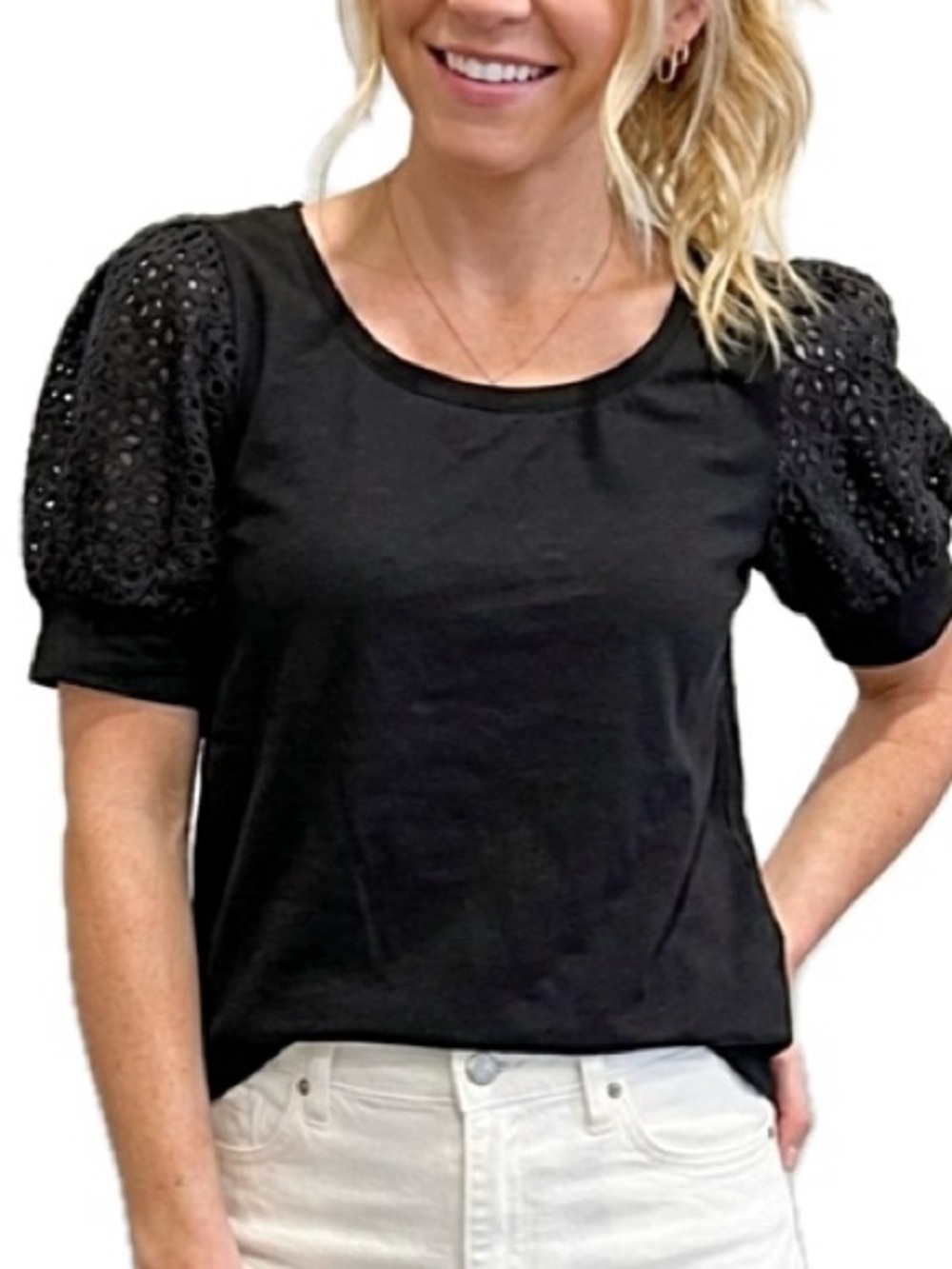 Jane and Delancey Embroidered Eyelet Puff Sleeve Tee Size M Black Scoop Neck